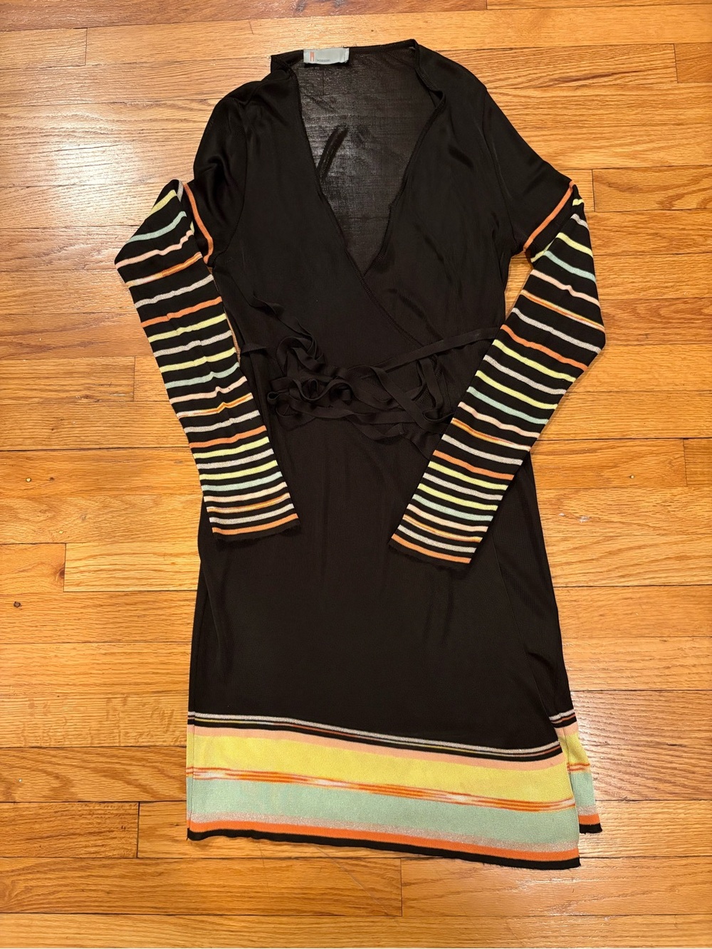 Missoni Dark Chocolate Wrap-Style Dress with Multicolor Striped Sleeves